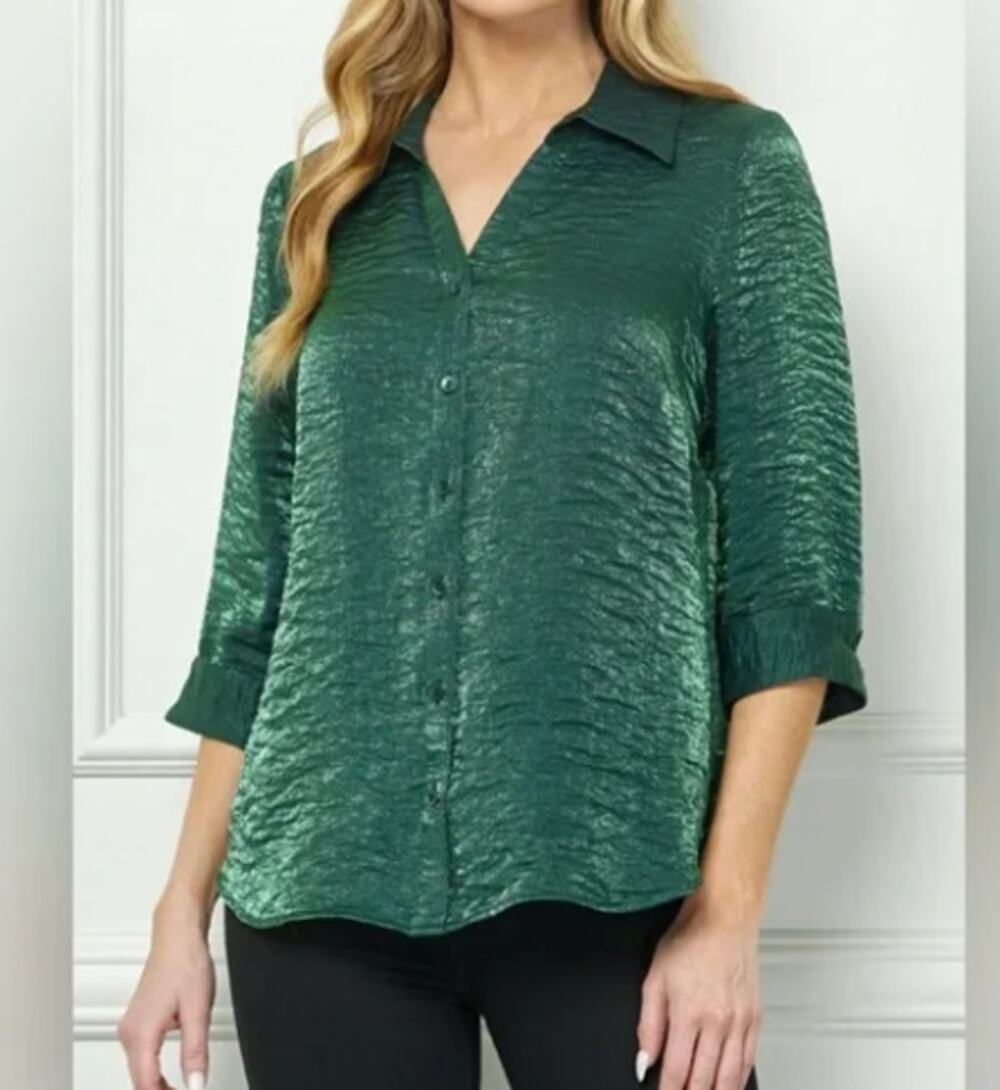 Sara Michelle Emerald Green Textured Button Front Blouse Sz 3X EUC